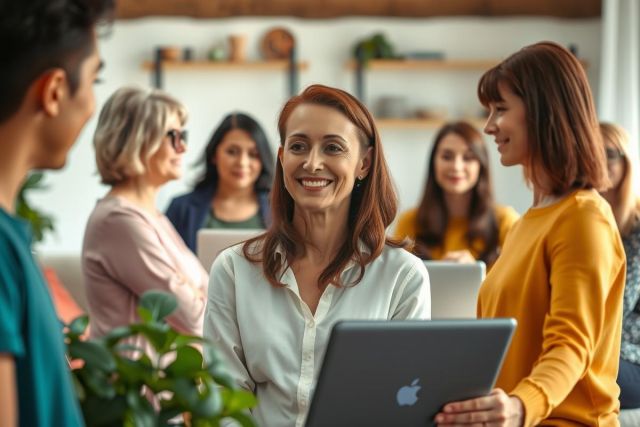 The image shows a group of people gathered in an indoor setting, possibly a workplace or conference room. The central focus is on two women who appear to be leading the discussion with their laptops open before them. They are smiling and engaged with the other attendees around the table.