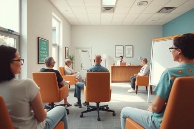 This is a color photograph depicting an indoor setting, likely a meeting room. A diverse group of individuals are seated in a circle, facing towards the center where one person appears to be leading or facilitating a discussion. The participants are wearing casual attire and are engaged in conversation. Natural light is entering through windows on the left side of the room. The atmosphere seems collaborative and inclusive.