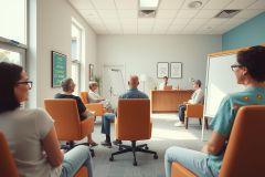 This is a color photograph depicting an indoor setting, likely a meeting room. A diverse group of individuals are seated in a circle, facing towards the center where one person appears to be leading or facilitating a discussion. The participants are wearing casual attire and are engaged in conversation. Natural light is entering through windows on the left side of the room. The atmosphere seems collaborative and inclusive.