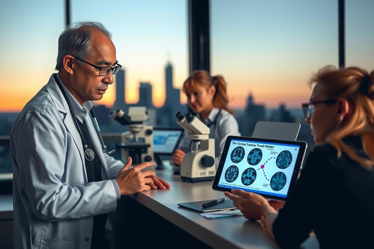 The image portrays a group of professionals engaged in medical research. A scientist, distinguished by his white coat and glasses, stands at the forefront presenting information on a tablet to two colleagues.