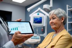 Doctor examines an elderly patient during a medical consultation. The scene takes place in a brightly lit examination room with modern equipment visible in the background. Focus on patient care and health checkup.