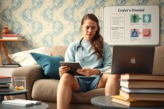 The image shows a woman in medical attire, sitting on a couch and looking at a tablet with information about Crohn's Disease. She is surrounded by books, which suggests she might be conducting research or studying for a medical exam.