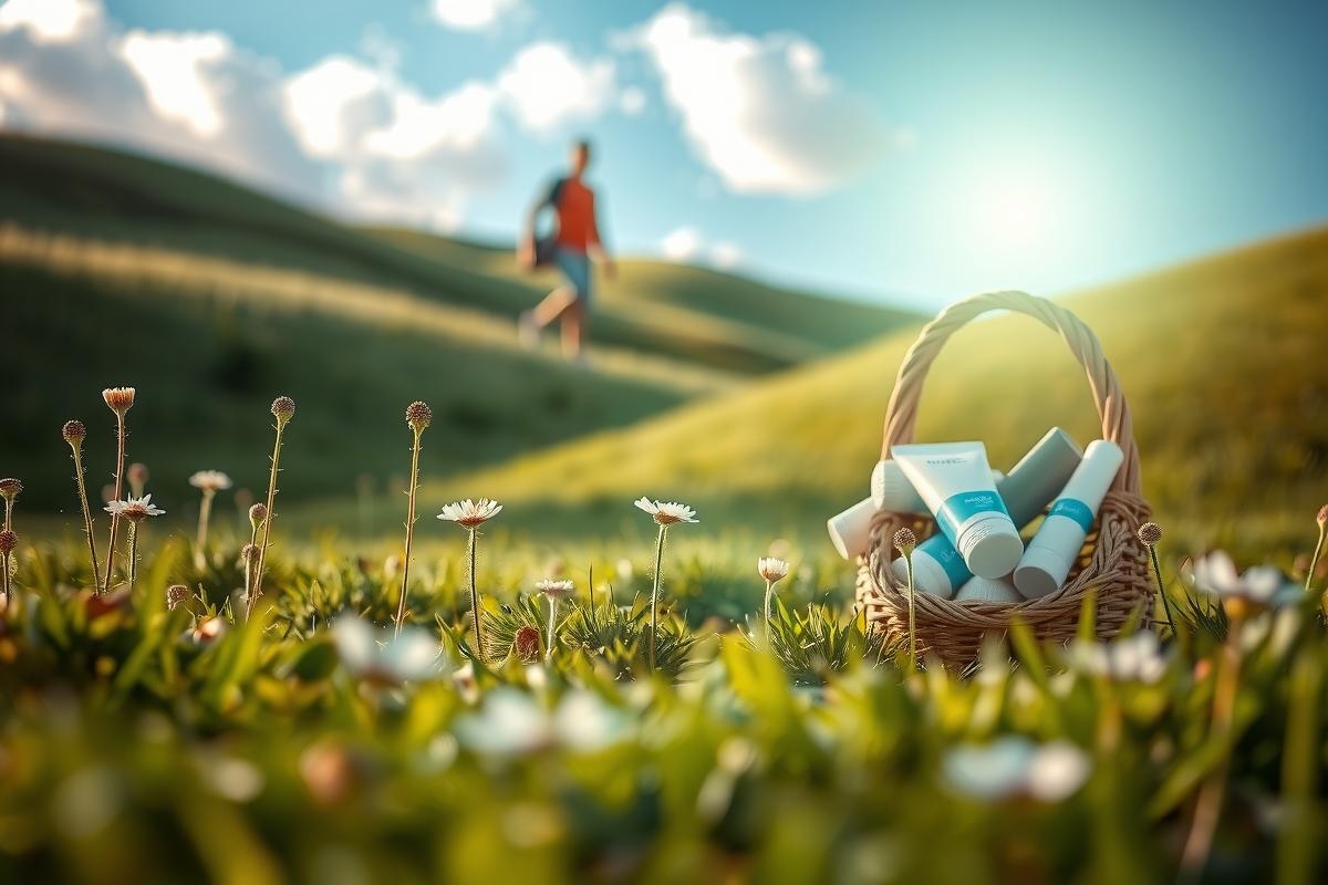 The image depicts a vibrant spring scene with a person enjoying the outdoors. They are running on a grassy hill adorned with pink and white flowers, evoking a sense of joy and freedom.