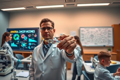 A scientific research laboratory where a scientist is holding a test tube and presenting it to others in the team. They are surrounded by lab equipment such as microscopes, digital displays showing scientific data or models, and whiteboards with diagrams. The environment suggests an atmosphere of collaborative work.