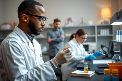 Image depicts a group of scientists in a lab, wearing lab coats and examining various scientific equipment. The focus is on the person at the front, who appears to be leading an investigation or demonstration. There are test tubes, microscopes, and papers spread across the table, suggesting a research setting with an emphasis on analysis and discovery.