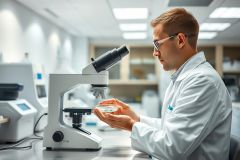 Scientist in a lab examining a petri dish under a microscope. White lab coat, glasses, and a modern, clean laboratory setting with bright lighting. Science, research, and microscopy concepts.