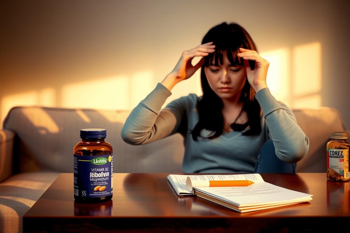 The image shows a woman sitting at a table with her hand to her forehead, possibly in deep thought or distress. In front of her on the table are two bottles that appear to be supplements, and some papers or notes are also visible on the table.