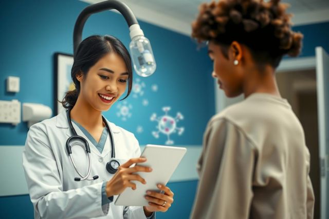 Doctor examining a patient with a tablet in a clinic setting. Healthcare professional, medical consultation, digital health, patient care, modern medical technology, white coat, blue background.