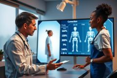 Doctor and nurse review an X-ray on a monitor in a medical setting. Healthcare professionals discussing patient diagnosis.