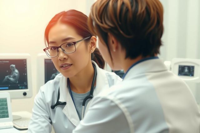 The image shows two healthcare professionals in a medical setting. One individual is seated and facing the other, who stands across from them. They are both wearing stethoscopes around their necks and appear to be engaging in a conversation or consultation. The environment suggests they are in an examination room, as indicated by the presence of medical equipment such as monitors and possibly patient records.
