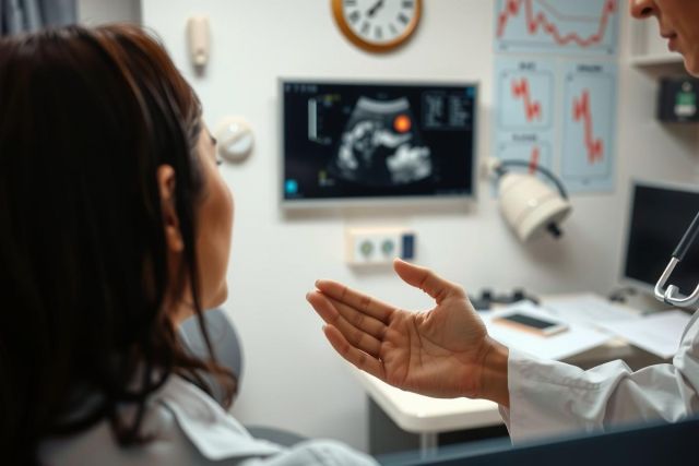 The image shows a medical consultation room where a patient is seated facing away from the viewer. A healthcare professional, likely a doctor or nurse, stands and appears to be engaged in conversation with the patient. 