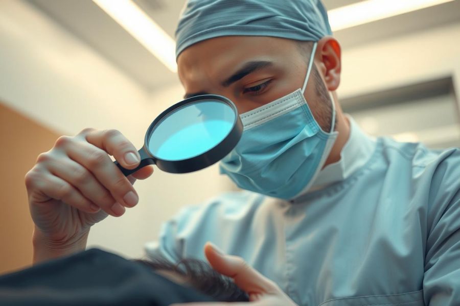 A healthcare professional in a mask and surgical gown examines something closely with a magnifying glass. Likely in a medical or lab setting. Blue and white tones dominate the image.