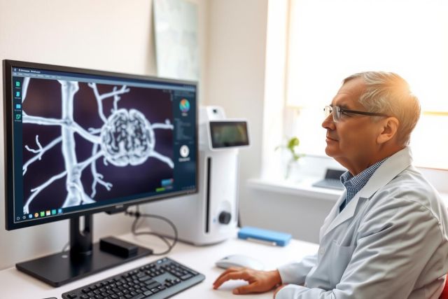 Doctor examining a brain scan on a computer monitor in a medical lab. Focused on neurological research and diagnostics, featuring a white coat and a focused expression.