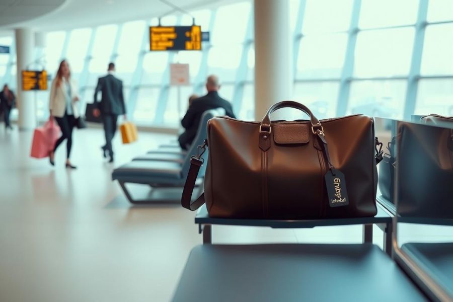 A brown leather suitcase rests on airport seating. People are blurred in the background, suggesting travel and a busy airport environment. Focus on luggage and journey.