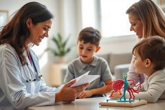 A female doctor in a white coat discusses medical information with a mother and two young boys in a bright, modern office. The scene depicts a pediatric consultation, with a heart model visible, suggesting a focus on children's health and medical education.