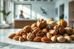 Pile of assorted nuts including walnuts, almonds, and pecans on a marble surface. Warm brown and beige tones dominate, with a blurred office background suggesting a healthy snack or food concept. Focus on natural ingredients and nutritious food.
