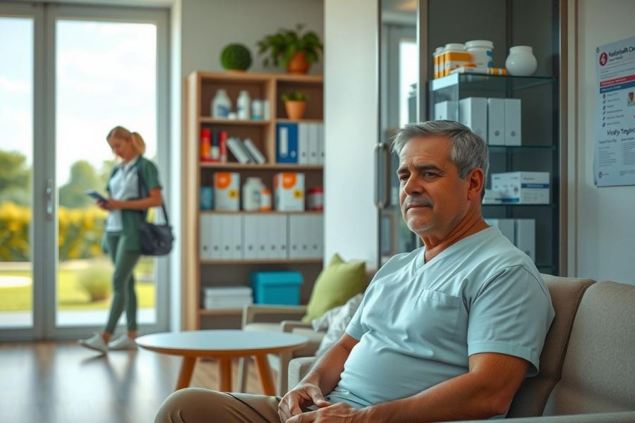 The image portrays a comfortable waiting area, possibly in a medical office. There's a man seated on the left side of the frame, dressed in professional attire suggesting he may be a doctor or a medical staff member.