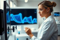 Scientist examining DNA sequence on computer screen in lab.  Bright, modern lab environment with advanced equipment. Focus on research and biotechnology.