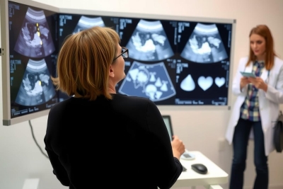 The image depicts a medical imaging setting with two women. One woman, likely a medical professional given her white lab coat, stands to the right of another woman who is seated in front of a large, wall-mounted monitor displaying various ultrasound images. The environment appears clinical and well-lit. The colors are mainly neutral tones with some subtle hues from the imagery on the monitor.