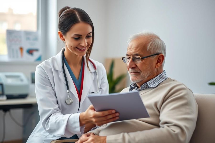 Doctor consults with senior patient in a bright, modern clinic. The healthcare professional, wearing a white coat and stethoscope, shows a tablet to the elderly man. Focus on medical care, patient consultation, and senior health.