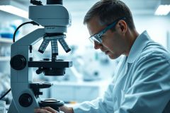 Scientist using a microscope in a modern laboratory. The image showcases research, science, and medical analysis with a focus on precision and detailed observation, featuring a white lab coat and blue safety glasses against a blurred blue background.