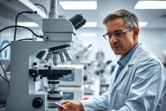 Scientist in a modern laboratory using a microscope. The man wearing glasses and a lab coat is focused on research, surrounded by scientific equipment in a bright, clean workspace. Represents science, research, and medical analysis.