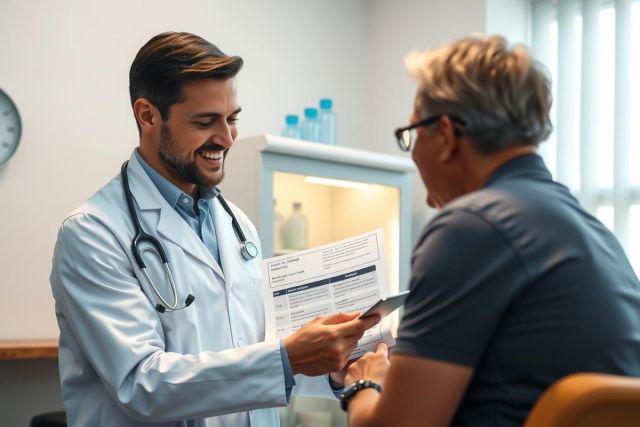 A doctor examines a patient in a clinic. The doctor, wearing a white coat and stethoscope, holds a document while talking to the patient. The setting appears to be a medical office with a chart visible in the background.