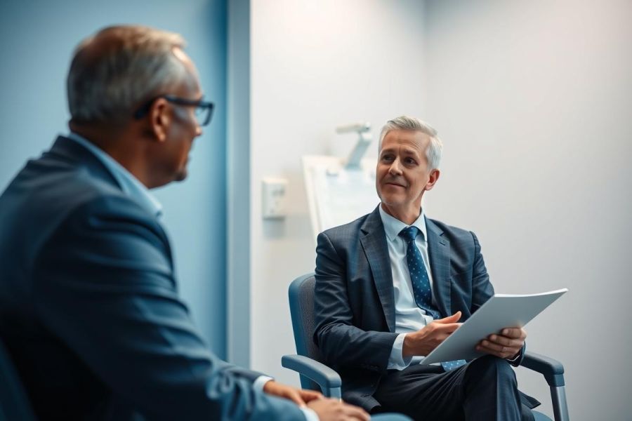 Business meeting. Two mature men in suits converse in a modern office setting. One holds a tablet. Blue and gray tones dominate the image, suggesting a professional and corporate environment. Focus on collaboration and discussion.
