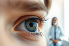 Close-up of a striking blue and green eye with long eyelashes, blurred background featuring a female doctor in a white coat. Focus on eye health, medical examination, and healthcare setting with soft, natural lighting.