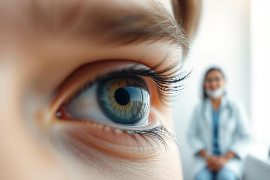Close-up of a striking blue and green eye with long eyelashes, blurred background featuring a female doctor in a white coat. Focus on eye health, medical examination, and healthcare setting with soft, natural lighting.