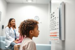 A young girl undergoes an eye exam in a bright, modern doctor's office. She's focused on an eye chart while a smiling doctor and a parent are visible in the background. The scene highlights pediatric healthcare and vision testing in a clinical setting with neutral colors.