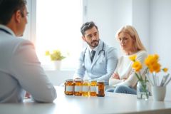 Doctor consults patient in a brightly lit office. Medications in bottles sit on a table between them. Healthcare, consultation, medical examination, doctor-patient relationship.