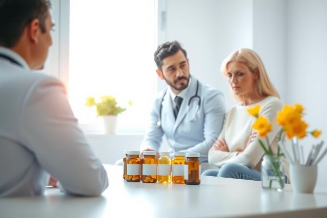 Doctor consults patient in a brightly lit office. Medications in bottles sit on a table between them. Healthcare, consultation, medical examination, doctor-patient relationship.