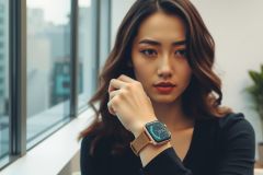 The image features a woman wearing a watch on her left wrist. She is seated and has a neutral expression on her face. The setting appears to be an indoor office or meeting room, with city views visible through the windows in the background.
