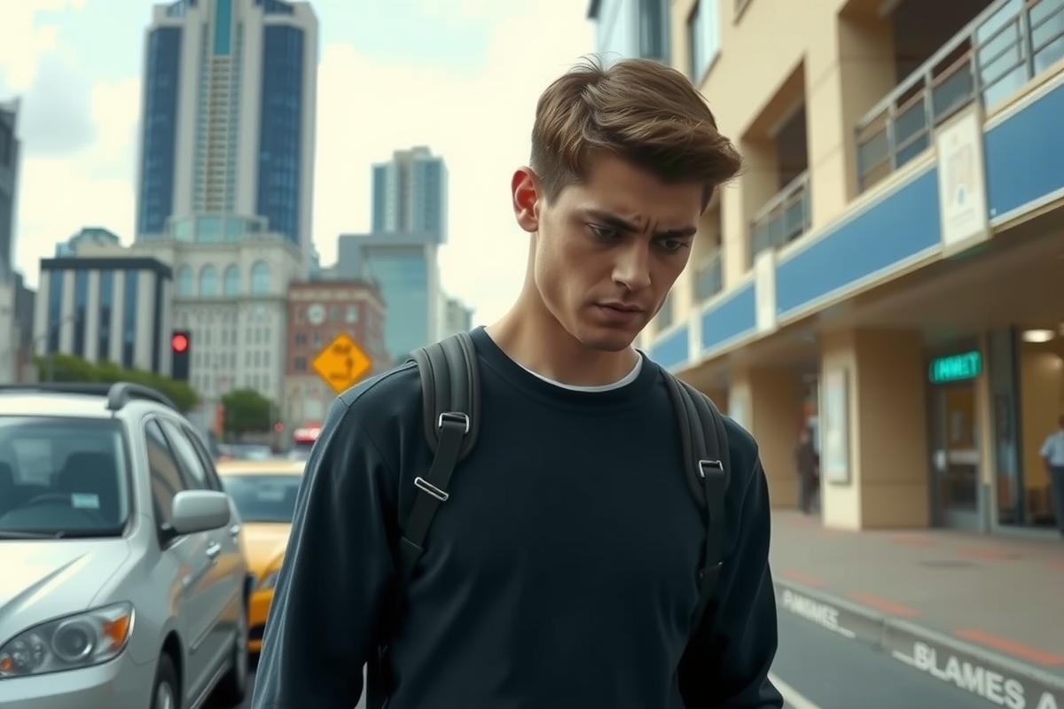 The image features a young man walking on a city street. He is dressed casually in a long-sleeved shirt, carrying a backpack and appears to be looking down at the sidewalk with a concerned expression.