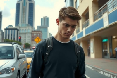 The image features a young man walking on a city street. He is dressed casually in a long-sleeved shirt, carrying a backpack and appears to be looking down at the sidewalk with a concerned expression. 
