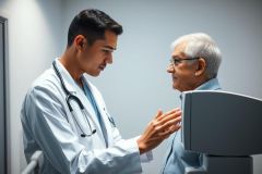 Doctor examining an elderly patient in a modern healthcare setting. The image depicts a medical consultation with a focus on patient care and health checkup. Predominant colors are white and blue, suggesting a clean and professional environment. 