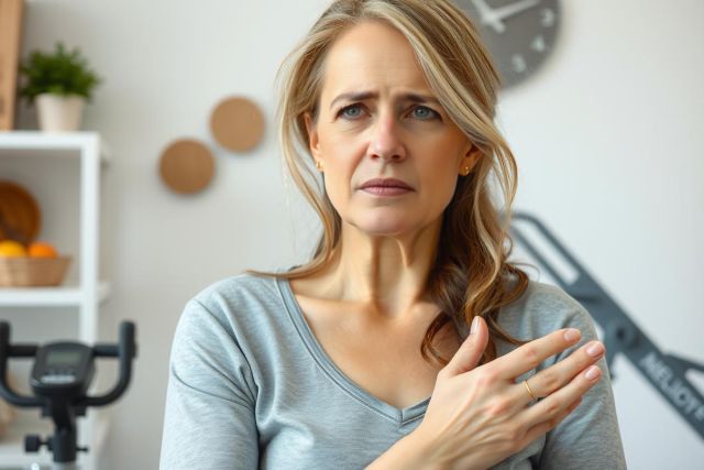 The image shows a woman in an indoor setting with domestic objects around her. She is seated at what appears to be a kitchen table, wearing a light-colored top and has a neutral expression on her face.