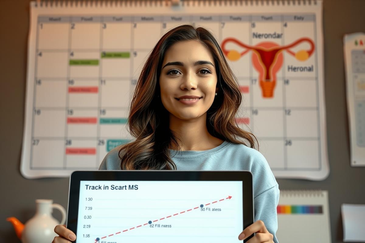 A young woman in an office environment is holding a tablet displaying charts and graphs, possibly related to business analytics or medical data tracking. The background shows a calendar.