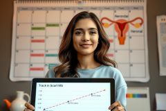 A young woman in an office environment is holding a tablet displaying charts and graphs, possibly related to business analytics or medical data tracking. The background shows a calendar.