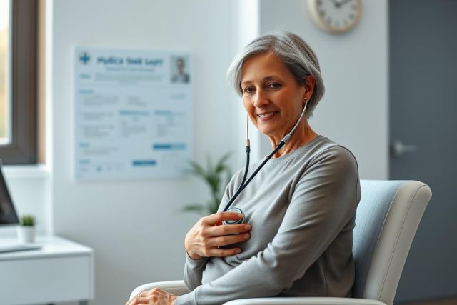 Friendly female doctor with silver hair wearing a stethoscope, seated in a modern medical office. The image shows a healthcare professional in a clean, white environment with a plant and office details, conveying a sense of professionalism and patient care.
