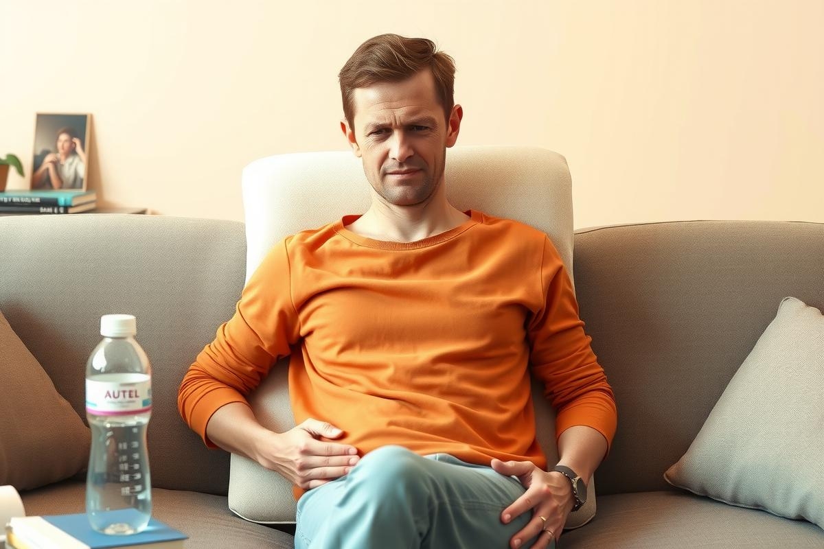 The image shows a man sitting on a couch, possibly in a living room. He is wearing an orange long-sleeved shirt and appears to be looking down with a slight frown on his face.