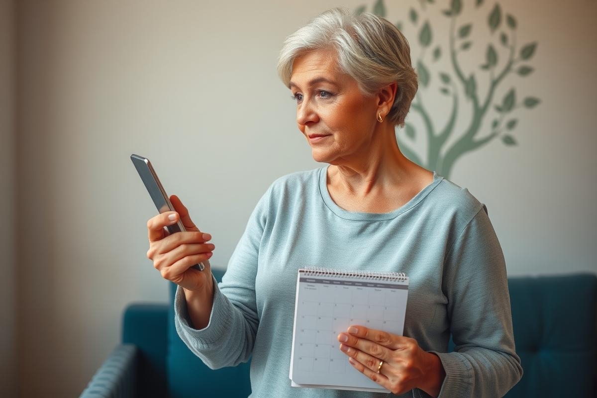 The image depicts an older woman engaged in a discussion or possibly taking notes on a paper tablet. She is holding a mobile device, likely using it for communication or referencing information related to her work. The environment appears to be a professional setting with modern furnishings and natural lighting.