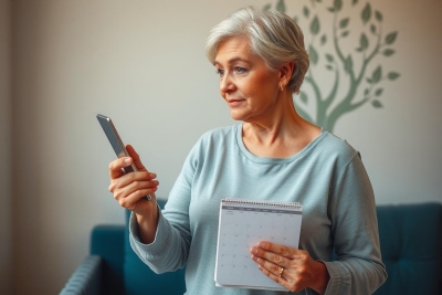 The image depicts an older woman engaged in a discussion or possibly taking notes on a paper tablet. She is holding a mobile device, likely using it for communication or referencing information related to her work. The environment appears to be a professional setting with modern furnishings and natural lighting.