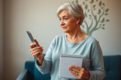 The image depicts an older woman engaged in a discussion or possibly taking notes on a paper tablet. She is holding a mobile device, likely using it for communication or referencing information related to her work. The environment appears to be a professional setting with modern furnishings and natural lighting.