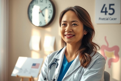 The image features a smiling female physician, wearing a white coat and stethoscope. She is seated in an office environment with a wall-mounted clock, medical posters, and framed items that suggest she might be a practicing physician or specialist.