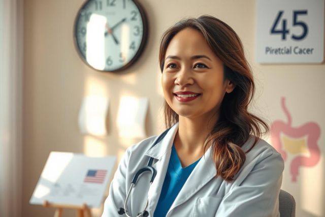 The image features a smiling female physician, wearing a white coat and stethoscope. She is seated in an office environment with a wall-mounted clock, medical posters, and framed items that suggest she might be a practicing physician or specialist.