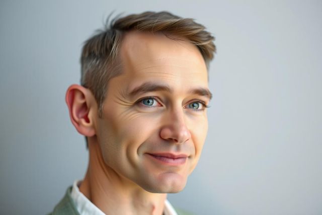 Portrait of a man with short brown hair and blue eyes, smiling slightly. He's wearing a light green shirt against a plain gray background. Clean, professional headshot.