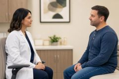 Doctor and patient in examination room having a calm consultation about treatment or costs.