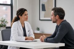 Doctor-patient consultation in clinic discussing treatment options and costs at a desk.